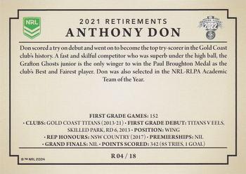 2022 NRL Traders - Retirements #R04 Anthony Don Back